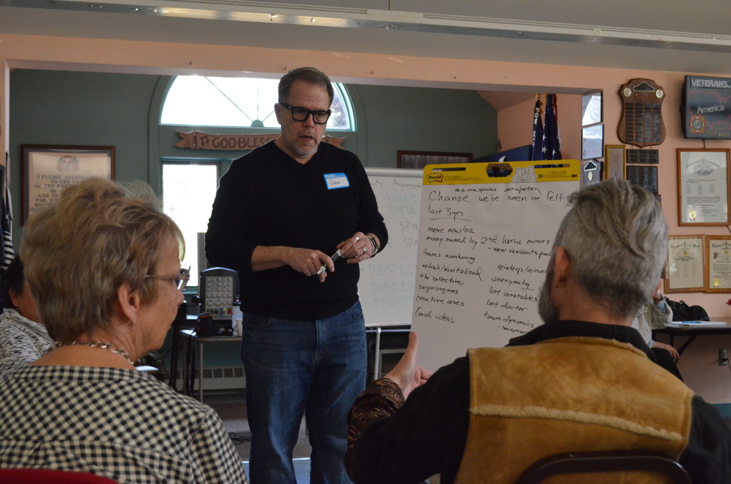 Facilitator Greg Triggs leads a small group through a discussion of change at the inaugural River Roundtable Project meeting, held at the Highland Senior Center.